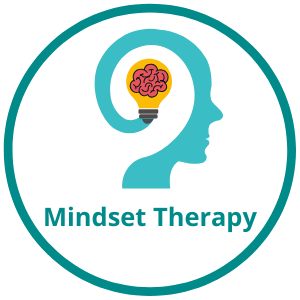 Teal circle icon with a teal profile of a head and a lightbulb brain, with the words mindset therapy under, symbolizing mindset therapy offered by the psychotherapy clinic