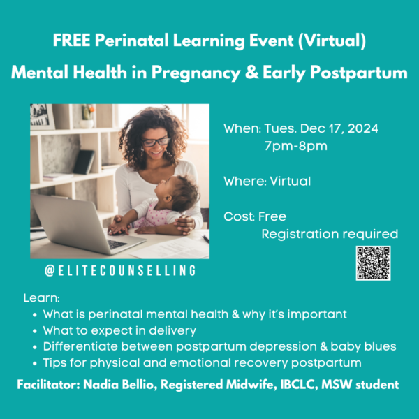 Free Perinatal Learning Event virtual information session by Nadia Bellio registered midwife, ibclc, MSW student