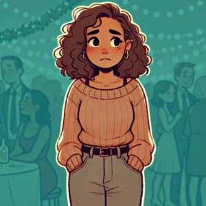 Illustration of a diverse woman standing alone at a social gathering, embodying introspection and slight awkwardness amidst a blurred festive background, symbolizing the emotional challenges of navigating social events during fertility struggles or pregnancy loss. Perfect for a blog on handling social gatherings with self-compassion and boundaries.