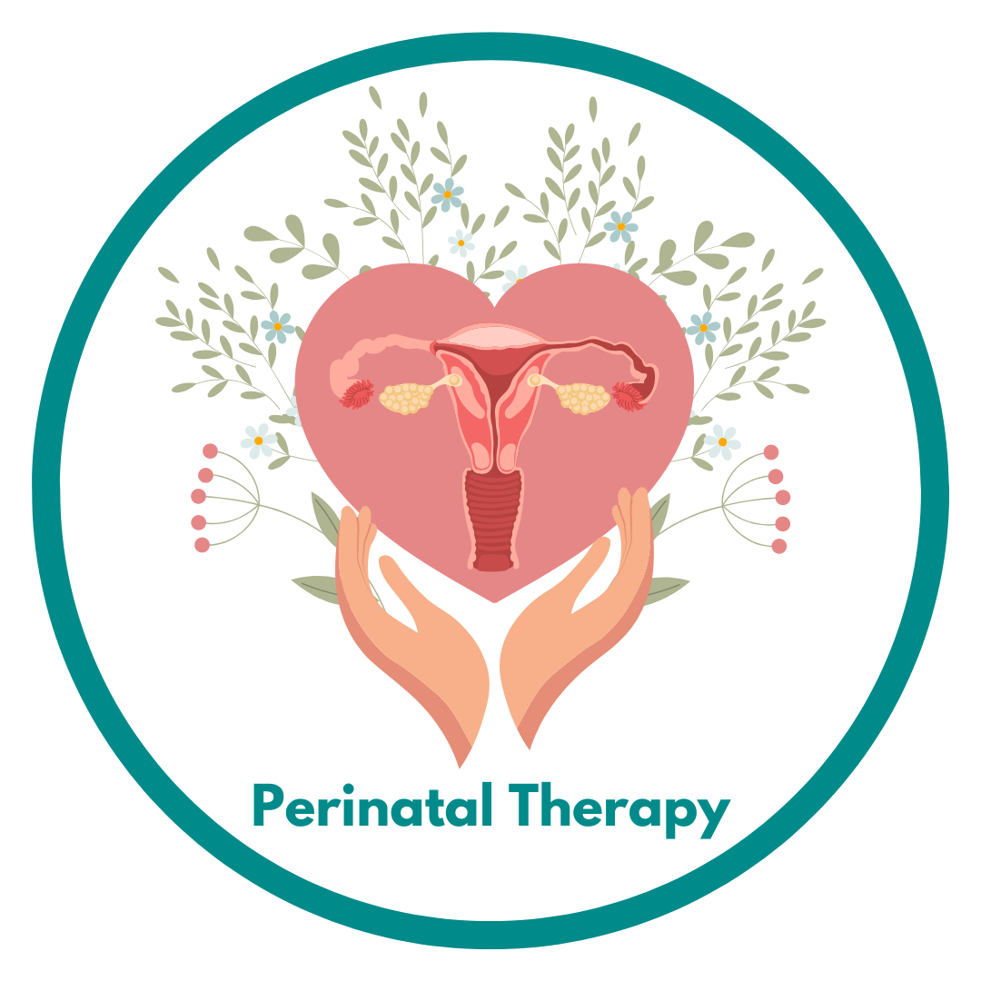 Teal circle icon with uterus in a heart that is surrounded by leaves, (a flourishing uterus) held up with two hands. The words perinatal therapy is under the icon