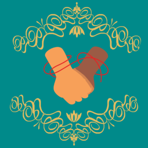 Illustration of two hands clasped together, symbolizing connection and commitment in marriage, with red threads wrapped around the wrists representing cultural and spiritual ties. Ornate gold floral designs frame the image on a teal background. Ideal for a blog post on strengthening relationships, couples therapy, and overcoming marriage challenges.